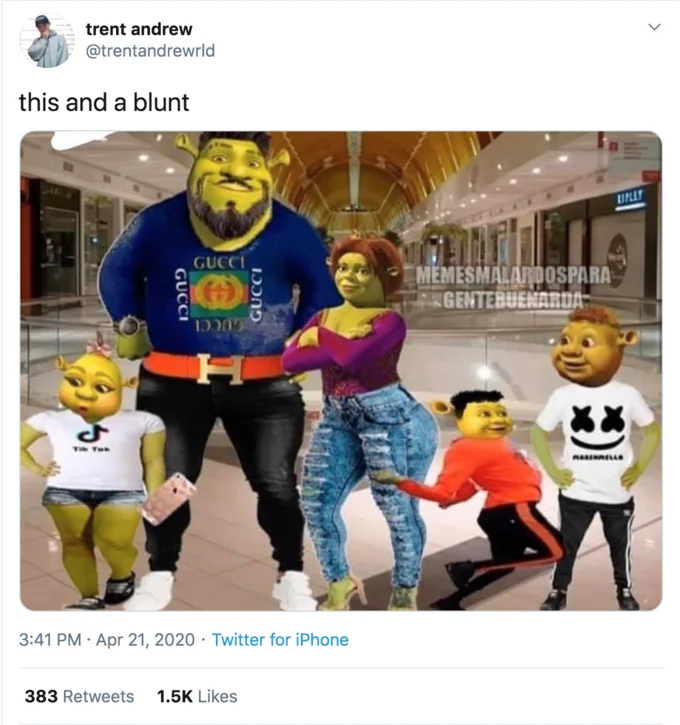 This And A Blunt — Twitter post from trentandrewrld showing people and costumed characters in shopping mall setting.