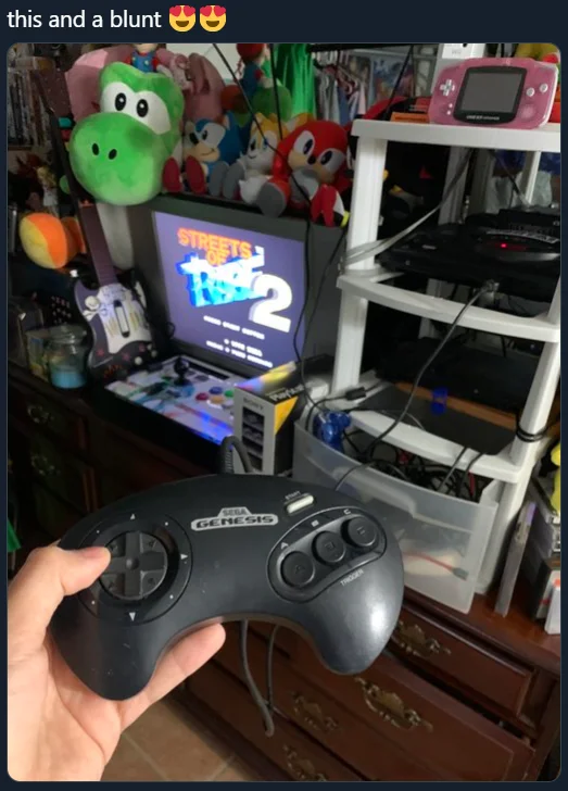 This And A Blunt — Photo of retro gaming console and controller captioned with meme text and celebratory emojis.