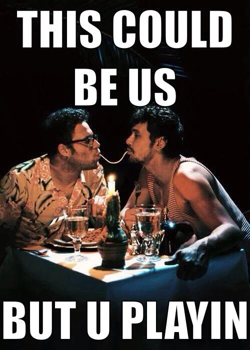 This Could Be Us But You Playing — Meme featuring two men sharing spaghetti kiss moment with impact text about romantic scenario.