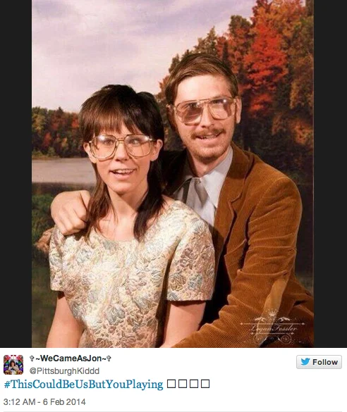 This Could Be Us But You Playing — Twitter post of couple wearing vintage glasses and brown clothing in fall foliage setting.