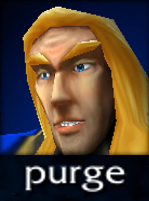This Entire City Must Be Purged — Close-up portrait of Arthas Menethil from Warcraft III with golden hood and white 'purge' text on black bar.