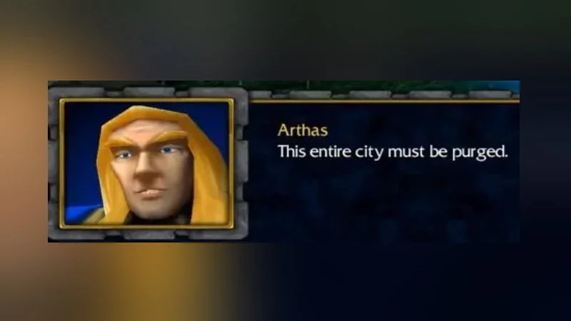 This Entire City Must Be Purged — High-quality Warcraft III dialogue interface screenshot with Arthas portrait and complete quote.