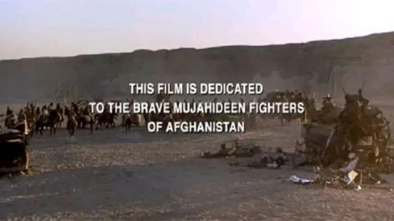 This Film Is Dedicated To The Brave Mujahideen Fighters Of Afghanistan — Primary source image of Rambo III ending credits with Mujahideen Fighters dedication