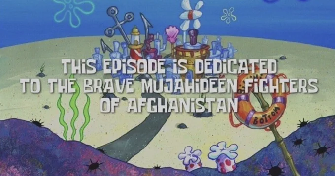 This Film Is Dedicated To The Brave Mujahideen Fighters Of Afghanistan — Meme variant applying dedication format to SpongeBob underwater environment as episode