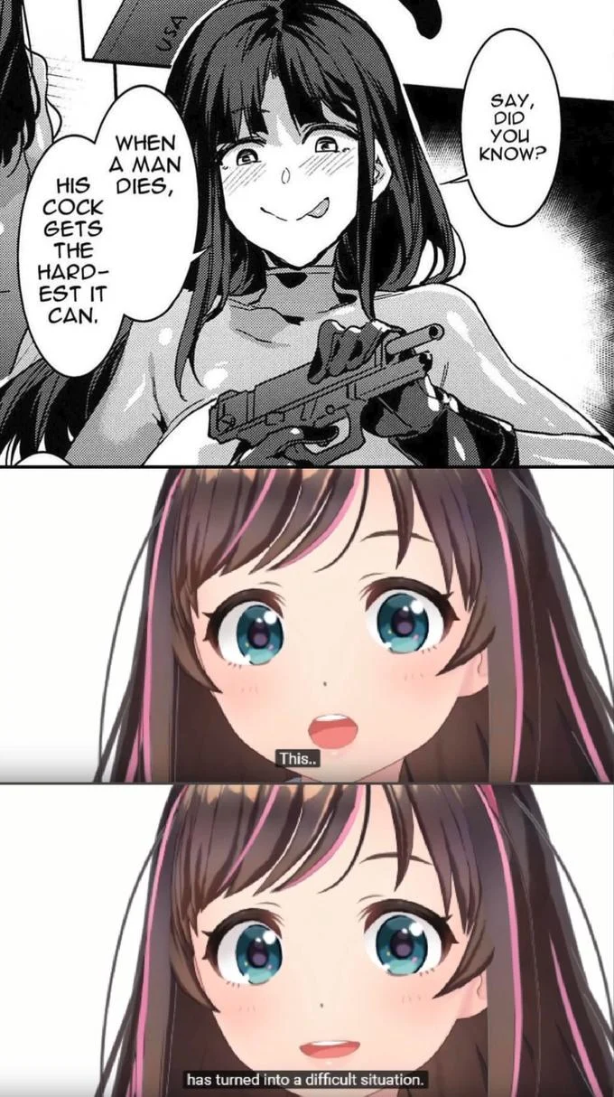This... Has Turned Into a Difficult Situation — Manga panel of girl with gun delivering crude trivia above the two-panel 'difficult situation' meme template.