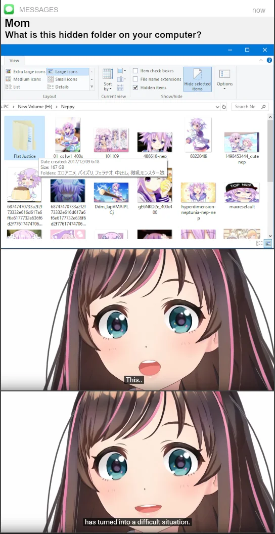 This... Has Turned Into a Difficult Situation — Fake mom text asking about hidden folder of anime images above the two-panel difficult situation template.
