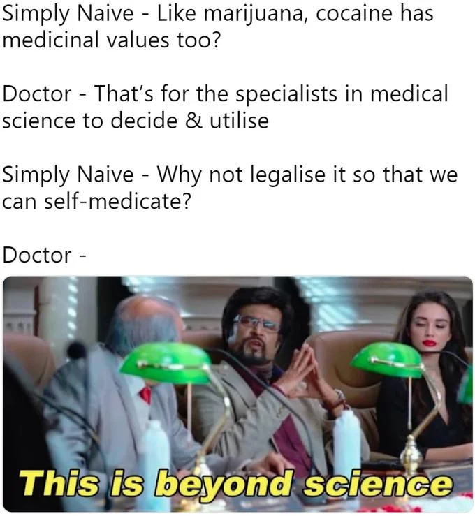 Meme with dialogue about drug legalization ending with 'This is beyond science' Rajinikanth image