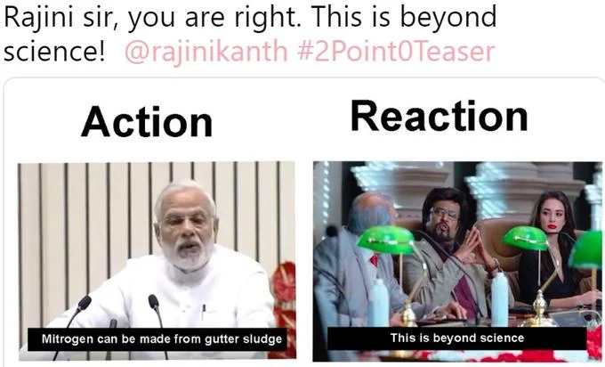 Tweet comparing Modi's gutter sludge statement to Rajinikanth's 'This is beyond science' reaction
