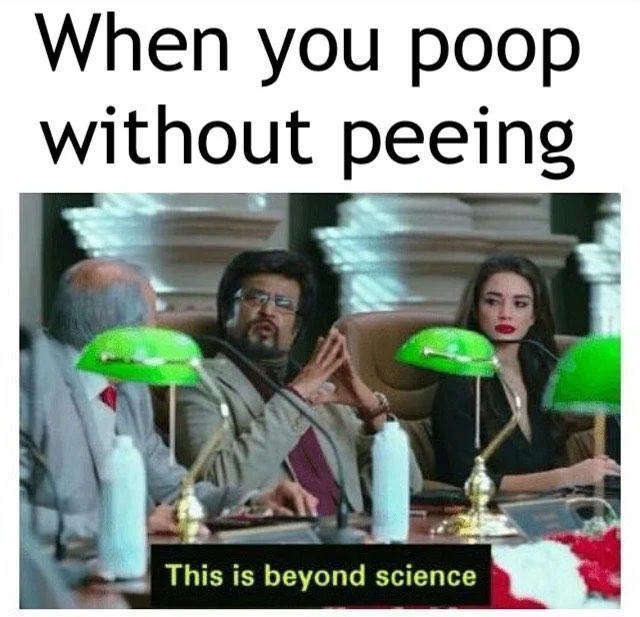 Meme about pooping without peeing with 'This is beyond science' Rajinikanth reaction