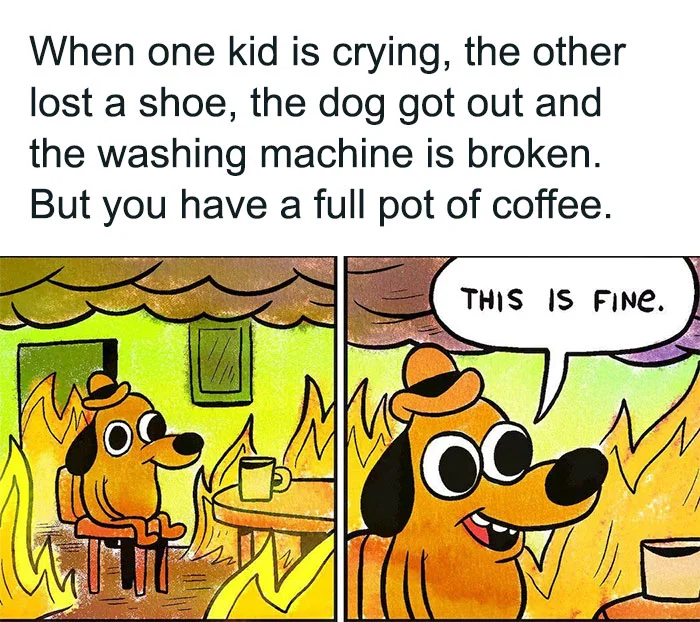 This Is Fine — Two-panel meme about parenting chaos with multiple crises offset by having a full pot of coffee.