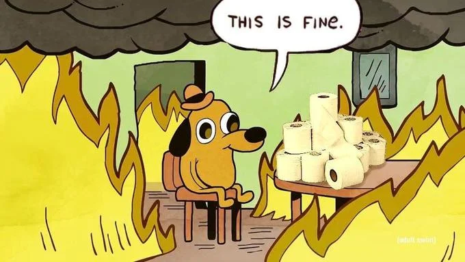 This Is Fine — Variant featuring dog with toilet paper rolls instead of coffee during COVID-19 pandemic hoarding panic.