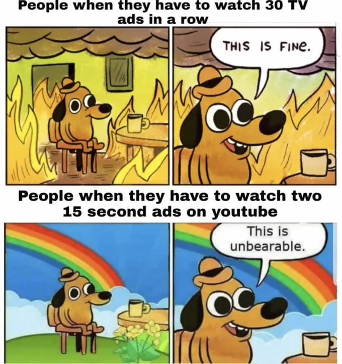 Four-panel comparison meme contrasting tolerance for TV ads versus YouTube ads with This Is Fine variants.
