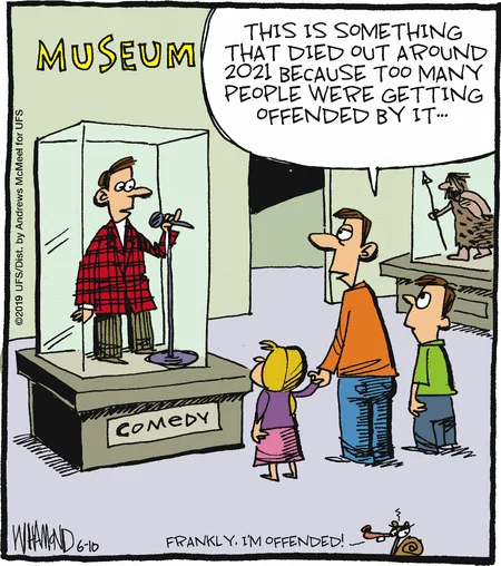 This Is Something That Died Out Around 2021 — Museum exhibit scene showing comedy display with docent explaining it died around 2021 due to offense.