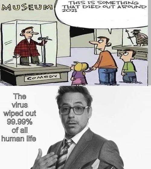 This Is Something That Died Out Around 2021 — Collage combining original museum cartoon with photograph of man and pandemic death reference text.