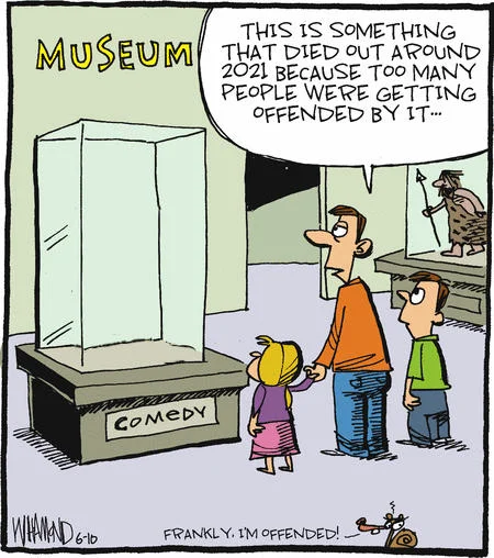 This Is Something That Died Out Around 2021 — Original museum exhibit cartoon by Dave Whamond with full canonical comedy text and artist signature.