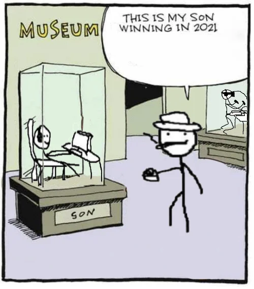 This Is Something That Died Out Around 2021 — Museum meme reimagined with stick figures showing celebration of son winning in 2021.