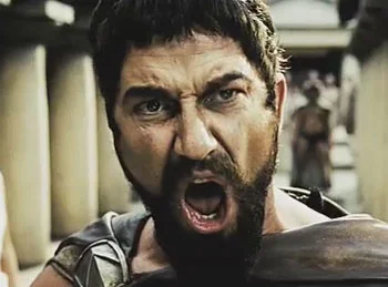 This Is Sparta — Primary canonical image of King Leonidas in his most iconic moment with intense yelling expression.