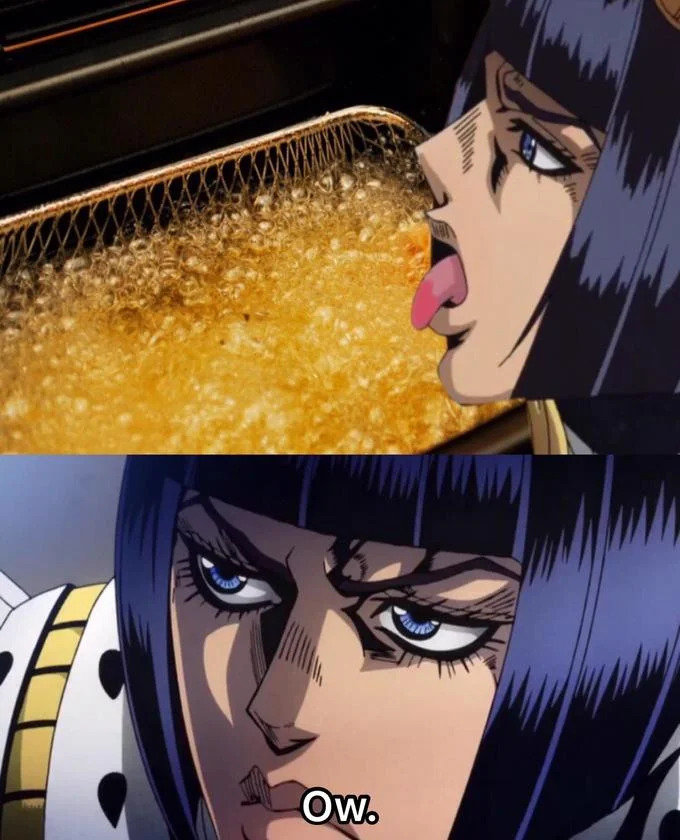 This Is the Taste of a Liar — Bucciarati licking hot oil pan with 'Ow' caption