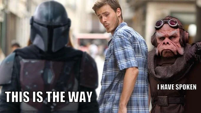 Character-labeled meme showing Mandalorian and Grogu with 'THIS IS THE WAY' and other character labels.