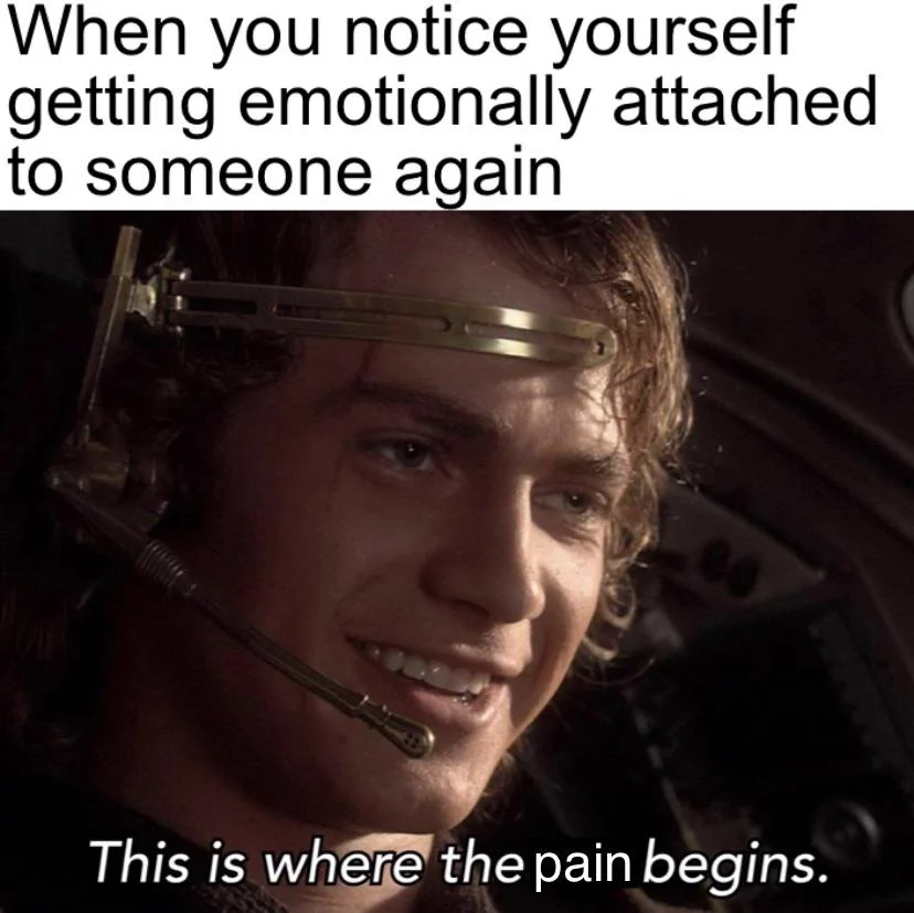 This Is Where the Fun Begins — Anakin meme with text about emotional attachment and modified subtitle about pain
