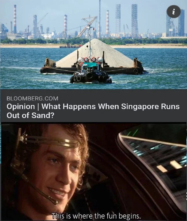 This Is Where the Fun Begins — Bloomberg Singapore sand headline paired with Anakin fun begins frame