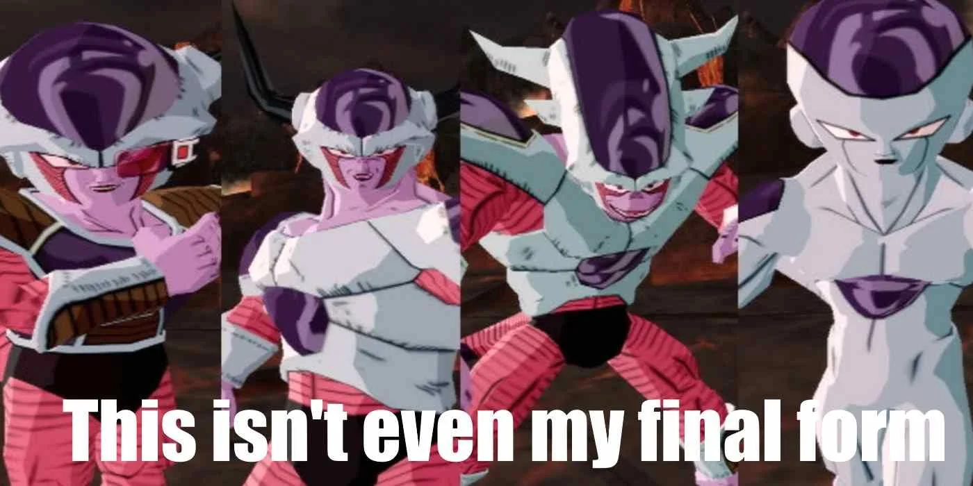 This Isn't Even My Final Form — Five distinct Frieza transformation states arranged horizontally with escalating power levels.
