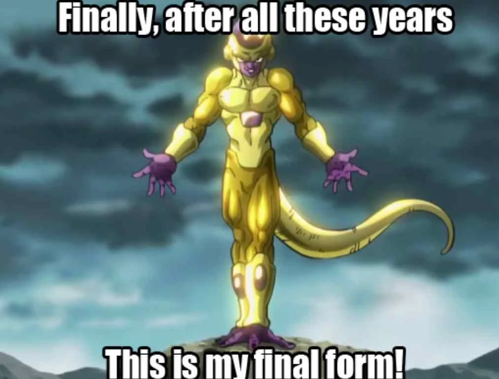 This Isn't Even My Final Form — Anime scene of Frieza in golden form striking powerful stance against stormy sky.