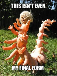 This Isn't Even My Final Form — Child in orange clothing positioned with large snakes around them in playful composition.