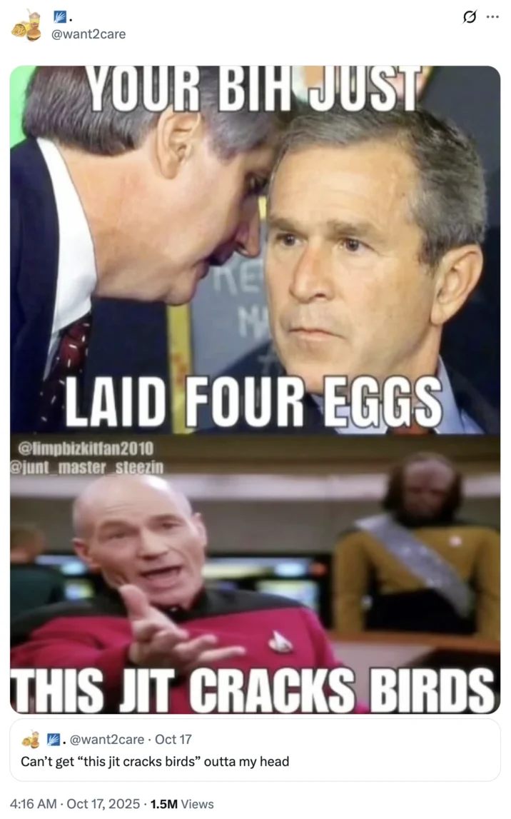 A "quote-tweet":https://knowyourmeme.com/memes/quote-retweets-qrts joking about the "catchphrase":https://knowyourmeme.com/memes/cultures/catchphrases "This