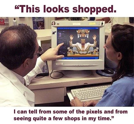 Two people pointing at a computer screen with the full 'This looks shopped' quote as caption