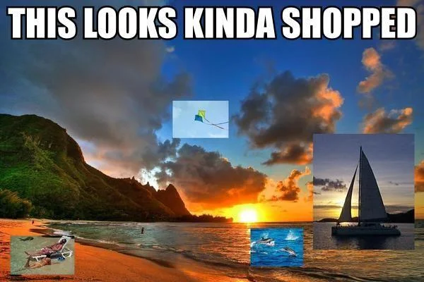 This Looks Shopped — Beach sunset with pasted kite, sailboat and dolphins captioned 'This looks kinda shopped'