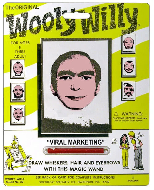 This Man (Ever Dream This Man) — Wooly Willy toy packaging annotated with the caption 'Viral Marketing.'