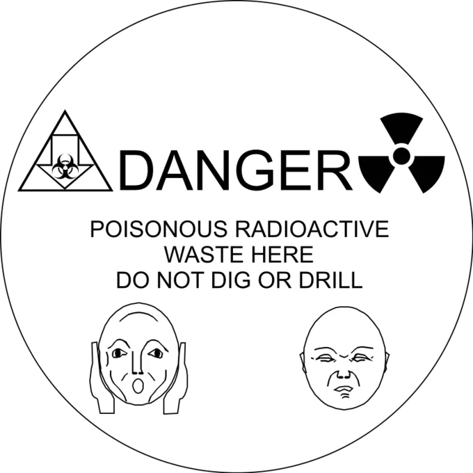 This Place Is Not A Place Of Honor — Circular black-and-white warning disk with biohazard symbols, human faces, and radioactive waste text.