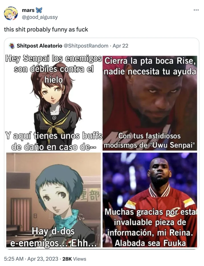 Tweet captioned 'this shit probably funny as fuck' quoting a Spanish meme about Latin kids and MAD cartoon references