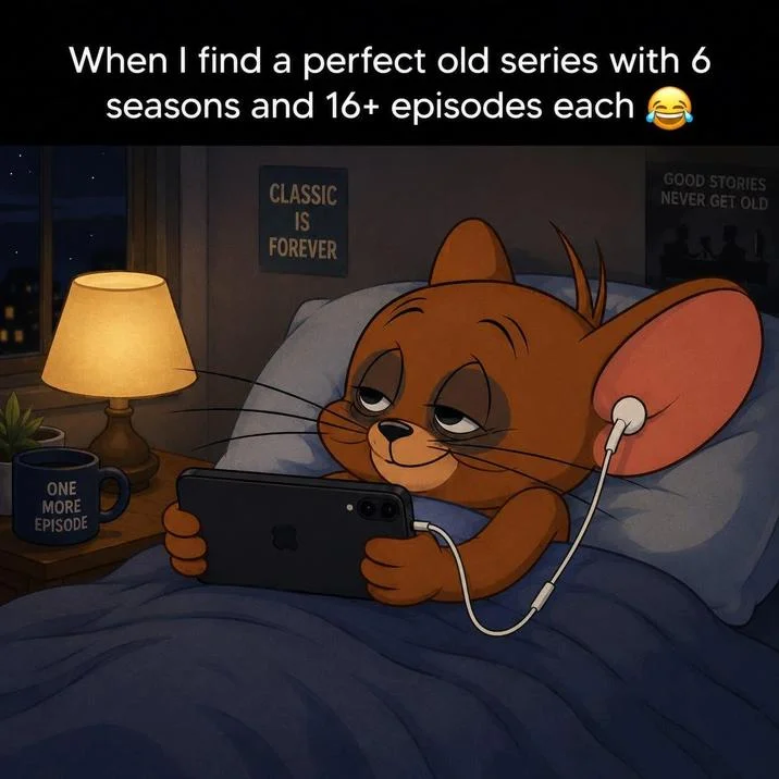 This Sleepy Jerry Meme Has Completely Taken Over the Internet — AI Jerry mouse in bed on phone with posters about classic shows and caption about finding a