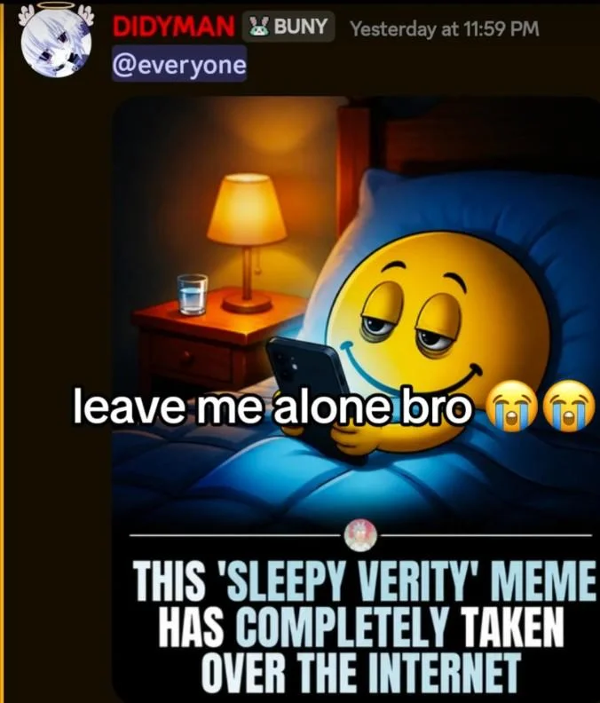 This Sleepy Jerry Meme Has Completely Taken Over the Internet — Discord post showing a yellow emoji in bed on a phone captioned 'leave me alone bro' with