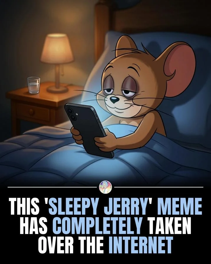 This Sleepy Jerry Meme Has Completely Taken Over the Internet — AI illustration of Jerry mouse in bed on his phone with the Sleepy Jerry viral caption