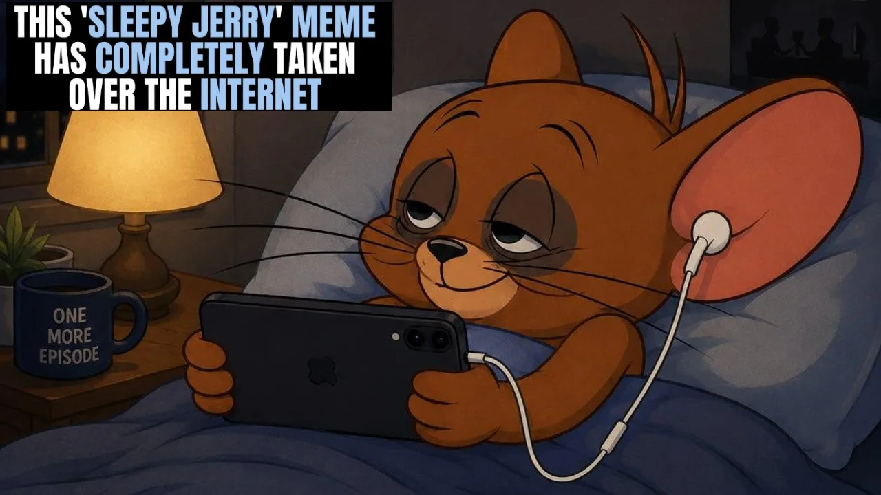This Sleepy Jerry Meme Has Completely Taken Over the Internet — AI-style Jerry mouse in bed on his phone with earbuds, next to a lamp and 'One More Episode'