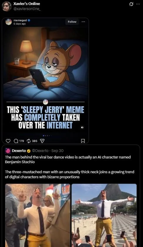 This Sleepy Jerry Meme Has Completely Taken Over the Internet — Twitter screenshot of the Sleepy Jerry meme post with engagement counts above a Dexerto tweet