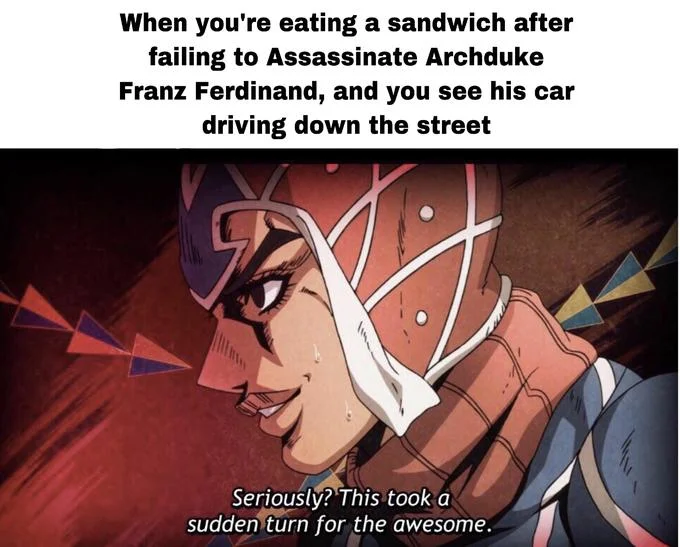 This Took a Sudden Turn for the Awesome — Two-panel JoJo meme contrasting catching up on the anime with having to wait for new episodes.