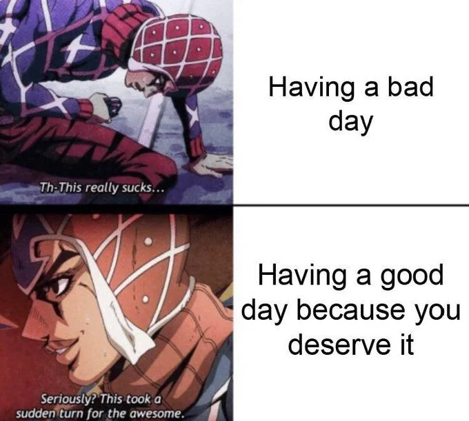 This Took a Sudden Turn for the Awesome — Drake-format JoJo meme comparing Mista reactions about the Emperor stand and the 4th tarot card.
