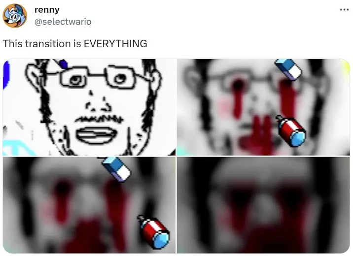 This Transition Is Everything — Twitter meme showing character experiencing progressive visual distortion and rendering effects.