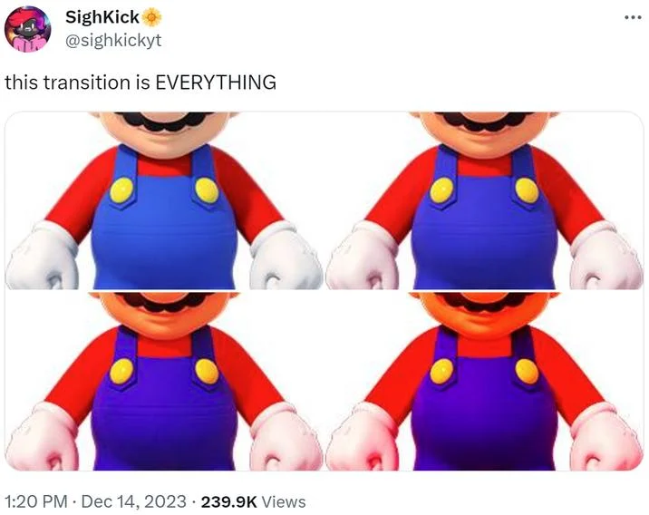 This Transition Is Everything — Twitter parody applying format to Mario across four panels in different colored outfits.