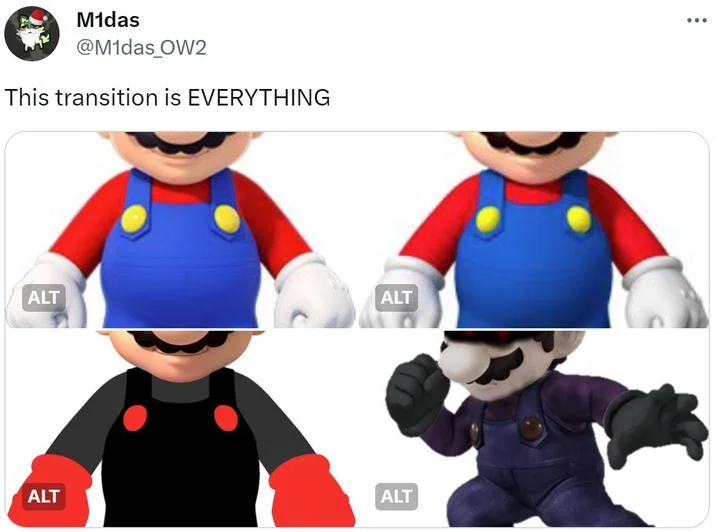 This Transition Is Everything — Twitter Mario parody showing character through four different colored versions and states.