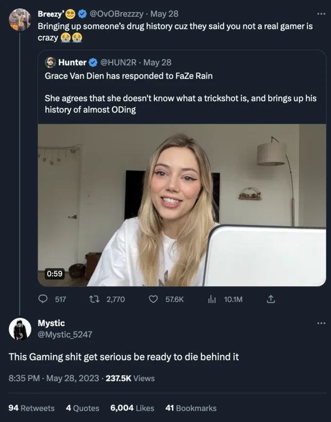 This X Shit Get Serious, Be Ready to Die Behind It — Twitter thread about FaZe Rain gaming drama with reply using die behind it meme