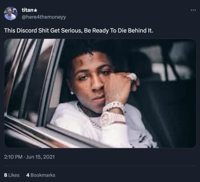 This X Shit Get Serious, Be Ready to Die Behind It — Twitter post by @here4themoneyy with text about Discord and NBA YoungBoy image