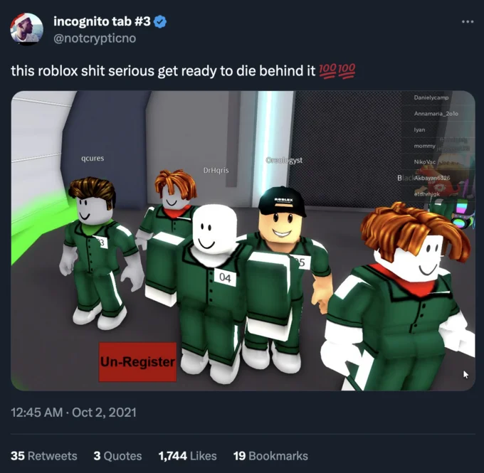 This X Shit Get Serious, Be Ready to Die Behind It — Tweet with Roblox Squid Game screenshot and caption about Roblox being serious