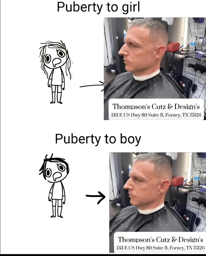Thompsons Cutz And Designs — Puberty to girl and Puberty to boy meme with Thompson's Cutz & Design's haircut photo as both results