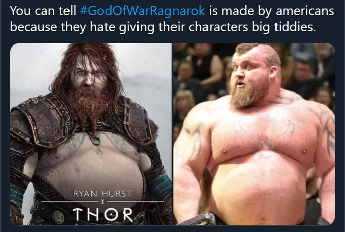 Thor God Of War Ragnarok — Meme about American developers hating big physiques with GoW Thor and strongman comparison.