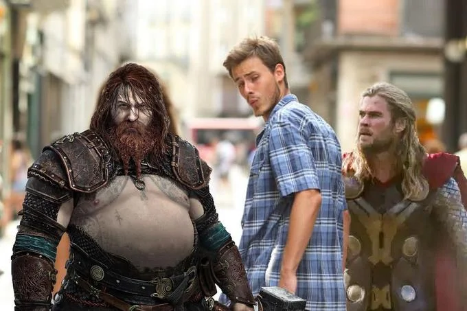 Thor God Of War Ragnarok — Distracted Boyfriend meme with GoW Thor as woman in red versus MCU Hemsworth.